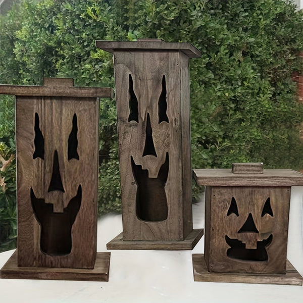 0207ba Handcrafted Wooden Ghost Lantern Set - Flame Light Decor for Halloween, Christmas, Easter, Thanksgiving - Natural Log Construction, Flameless, No Electricity Needed, Seasonal Yard Accents (Set of 3)