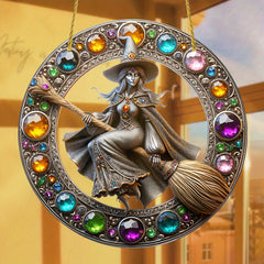 0207ba Classic Acrylic Witch Sun Catcher Wall Hanging 8"x8" - Wizard Stained Glass Style Window Decor, Baroque Halloween Decoration, Multipurpose Festive Gift for Home, Party, Wall, Room Decor (1 Pack)