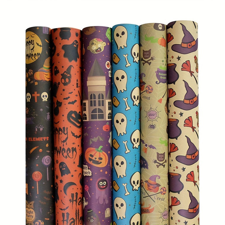 0207ba 6-Piece Halloween Gift Wrap Set - Pumpkin, Ghost, Castle, Potion, Skull & Broom Patterns | Premium Wrapping Paper For Spooky Party Decorations