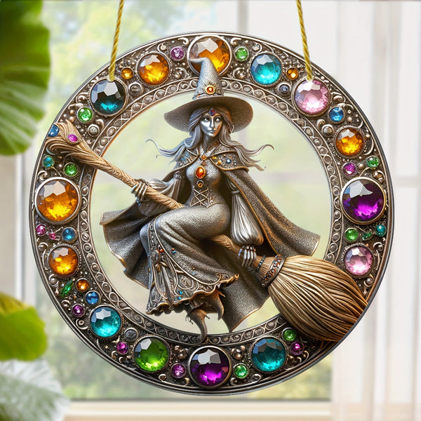 0207ba Classic Acrylic Witch Sun Catcher Wall Hanging 8"x8" - Wizard Stained Glass Style Window Decor, Baroque Halloween Decoration, Multipurpose Festive Gift for Home, Party, Wall, Room Decor (1 Pack)