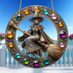 0207ba Classic Acrylic Witch Sun Catcher Wall Hanging 8"x8" - Wizard Stained Glass Style Window Decor, Baroque Halloween Decoration, Multipurpose Festive Gift for Home, Party, Wall, Room Decor (1 Pack)