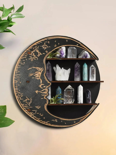 0407BA Wooden Shelf Moon Face Display Stand Floating Shelf Wall Decor Wall Shelf Boho Home Decoration Crystal Holder Wall Organizer