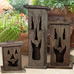 0207ba Handcrafted Wooden Ghost Lantern Set - Flame Light Decor for Halloween, Christmas, Easter, Thanksgiving - Natural Log Construction, Flameless, No Electricity Needed, Seasonal Yard Accents (Set of 3)