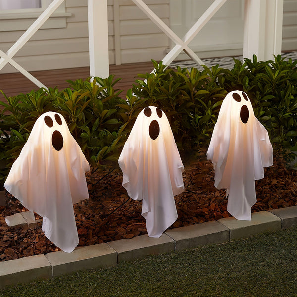 0207ba 3 Or 6-Piece Solar-Powered Ghost Pathway Lights For Halloween - Outdoor Decorative Yard And Garden Stakes With Removable Bases