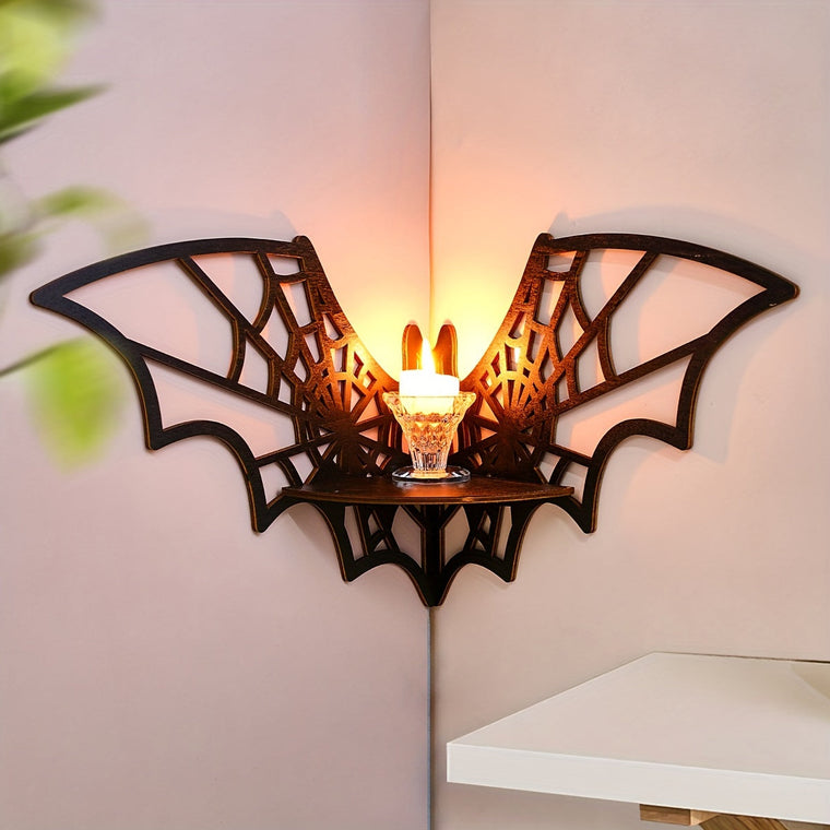 Unique Bat-Shaped Wooden Wall Decoration - Modern Minimalist Display Shelf with Spider Web Design - Easy Wall Hanging Installation, No Nails Required, Suitable for Various Room Types