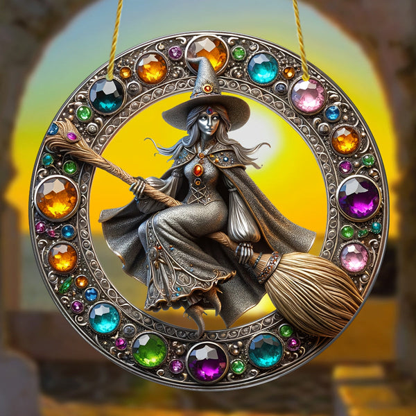 0207ba Classic Acrylic Witch Sun Catcher Wall Hanging 8"x8" - Wizard Stained Glass Style Window Decor, Baroque Halloween Decoration, Multipurpose Festive Gift for Home, Party, Wall, Room Decor (1 Pack)