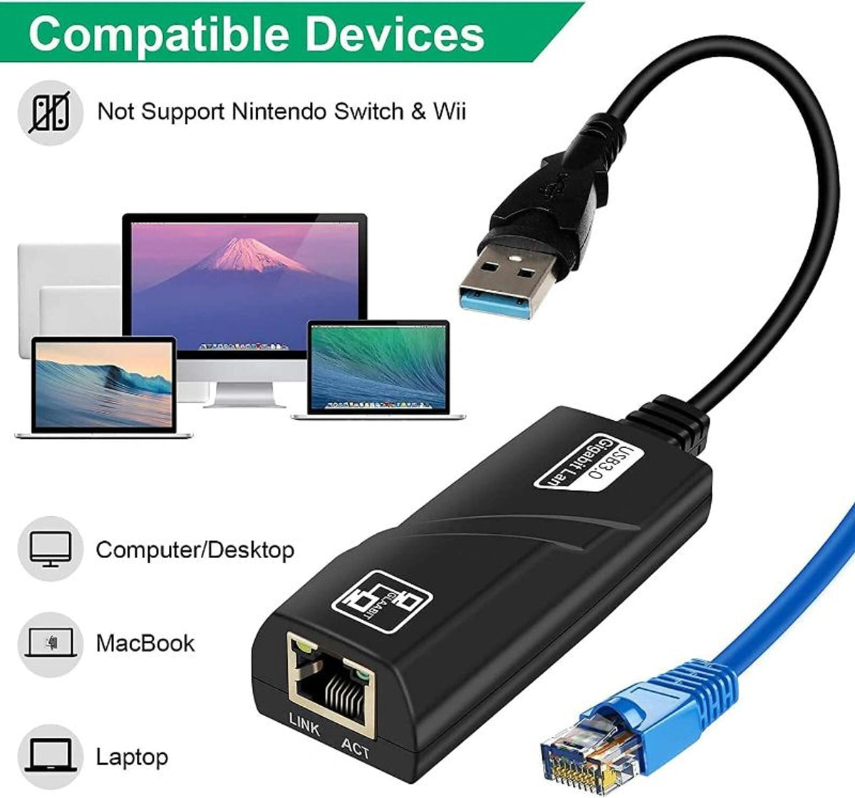 USB 3.0 to Ethernet Adapter, compatible USB 3.0 to 10/100 Gigabit Ethernet LAN Network Adapter, Compatible for iMac Pro, Air, Mac Mini/Pro, Surface Pro, Notebook PC, Laptop